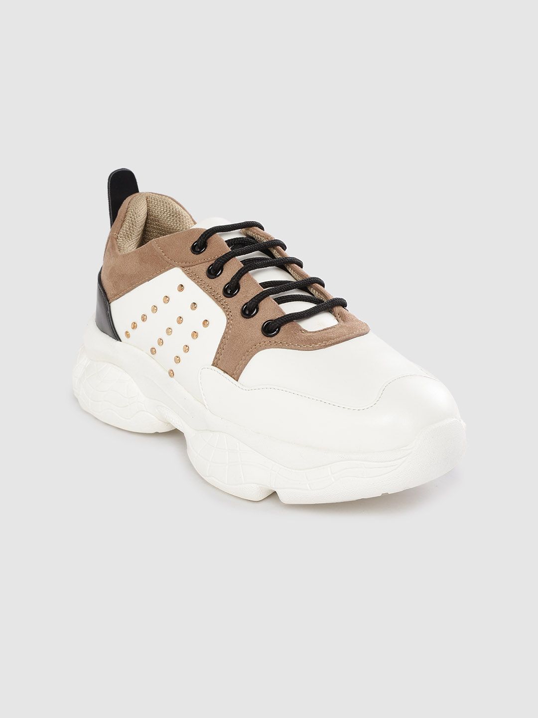 Roadster Women White & Brown Colourblocked Chunky Sneakers Price in India