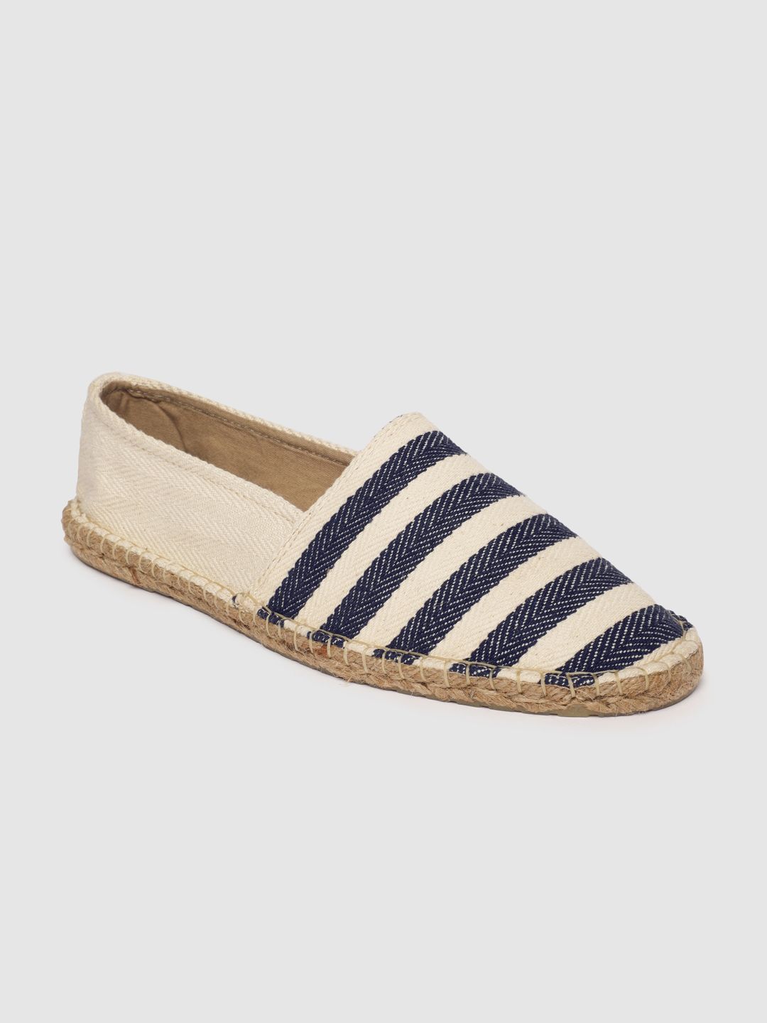 Mast & Harbour Men Cream-Coloured & Navy Blue Striped Espadrilles