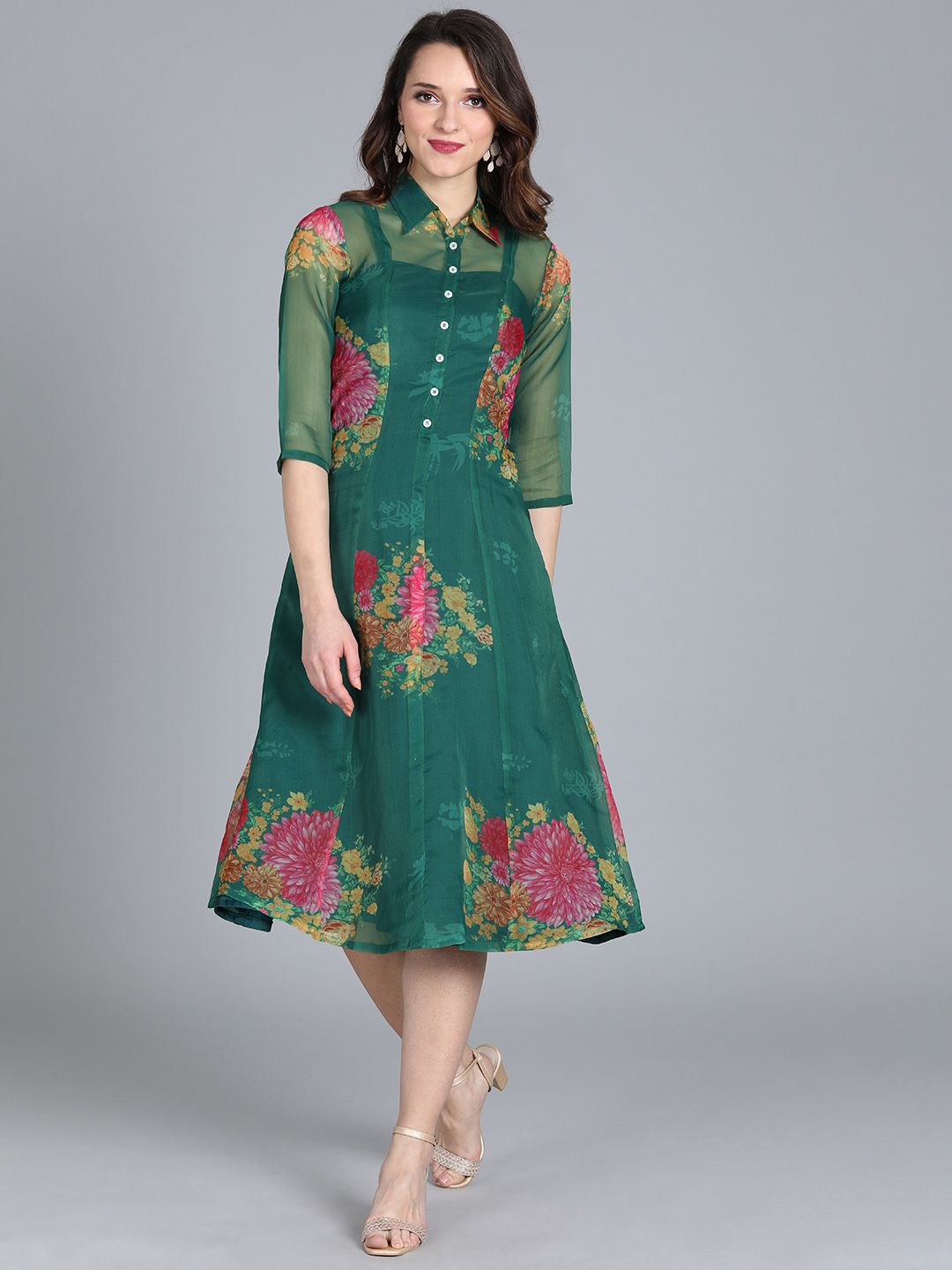 EthnoVogue Women Green & Pink Printed Made to Measure Layered A-Line Dress Price in India