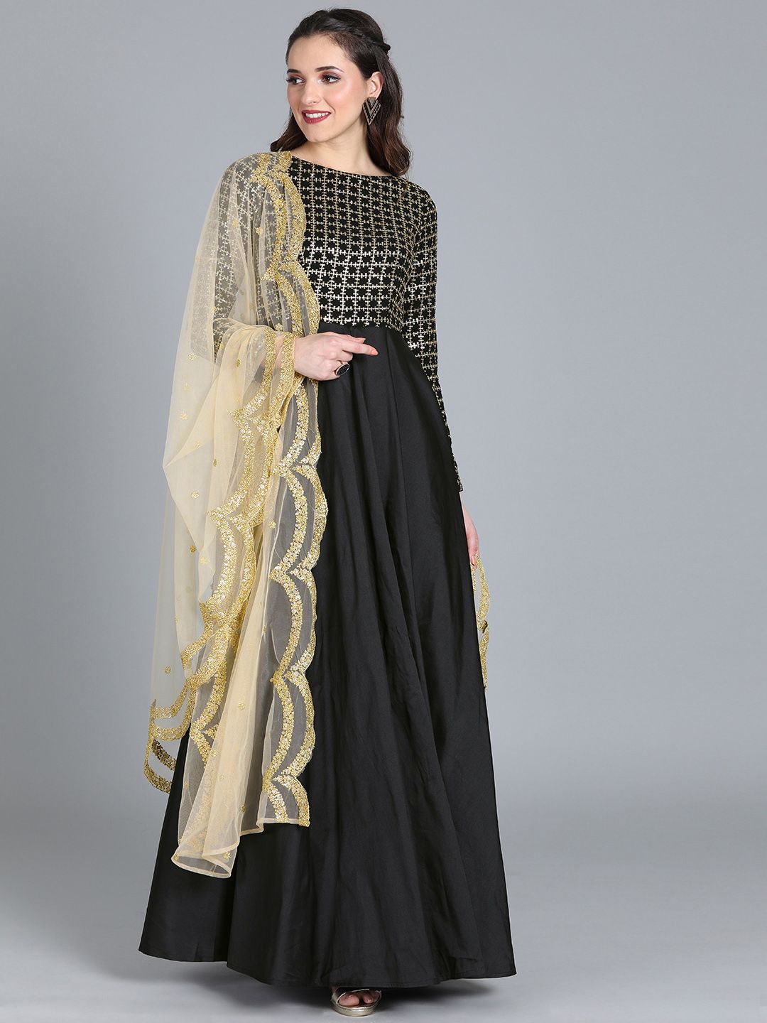 EthnoVogue Women Black & Golden Embellished Made To Measure Maxi Dress With Dupatta Price in India