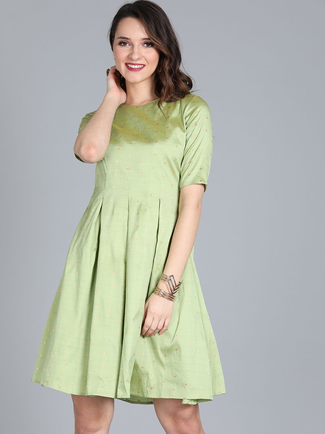 EthnoVogue Women Green Woven Design Made To Measure Fit and Flare Dress Price in India