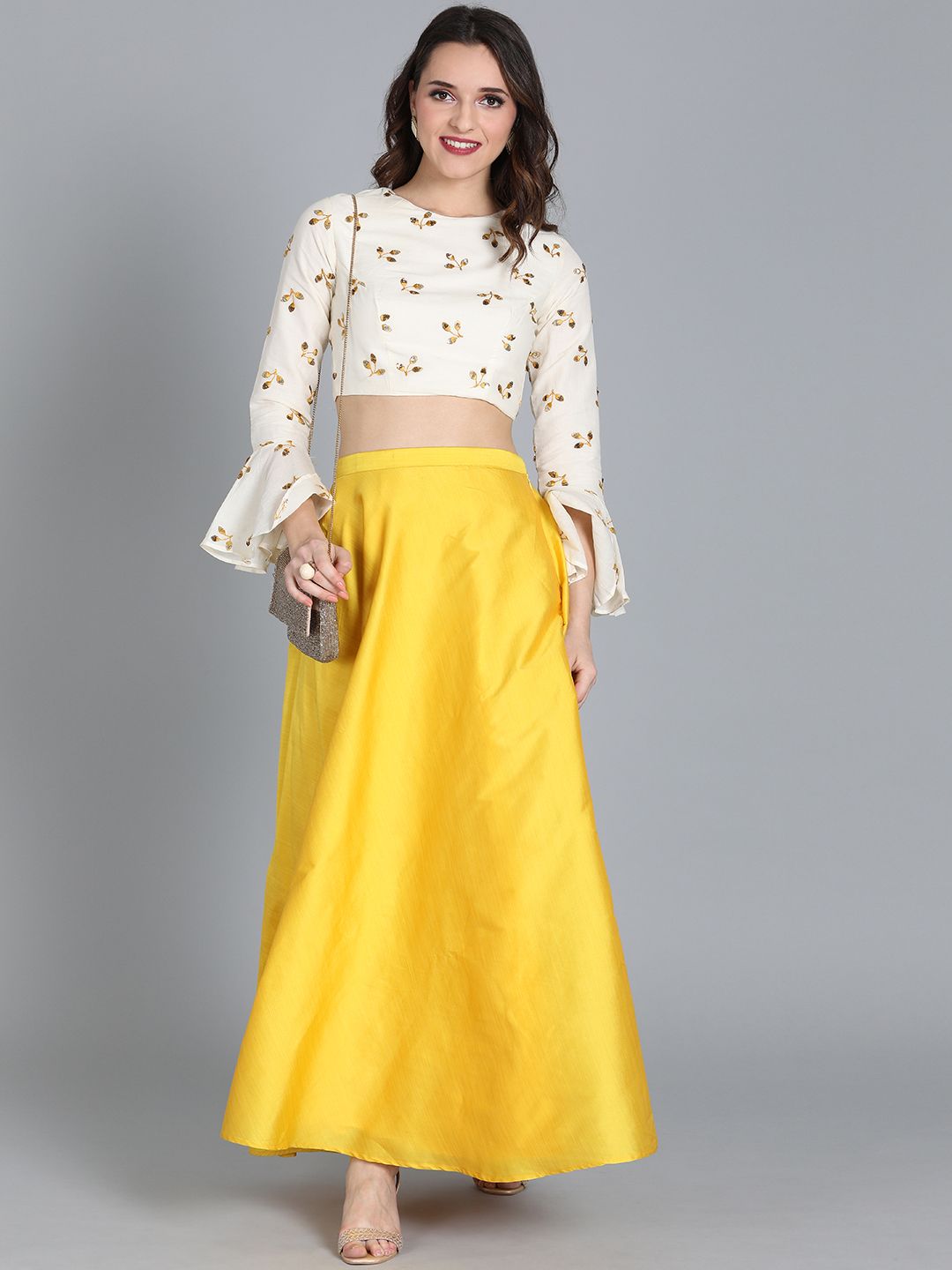 EthnoVogue Off-White & Yellow Made to Measure Embroidered Lehenga with Blouse Price in India