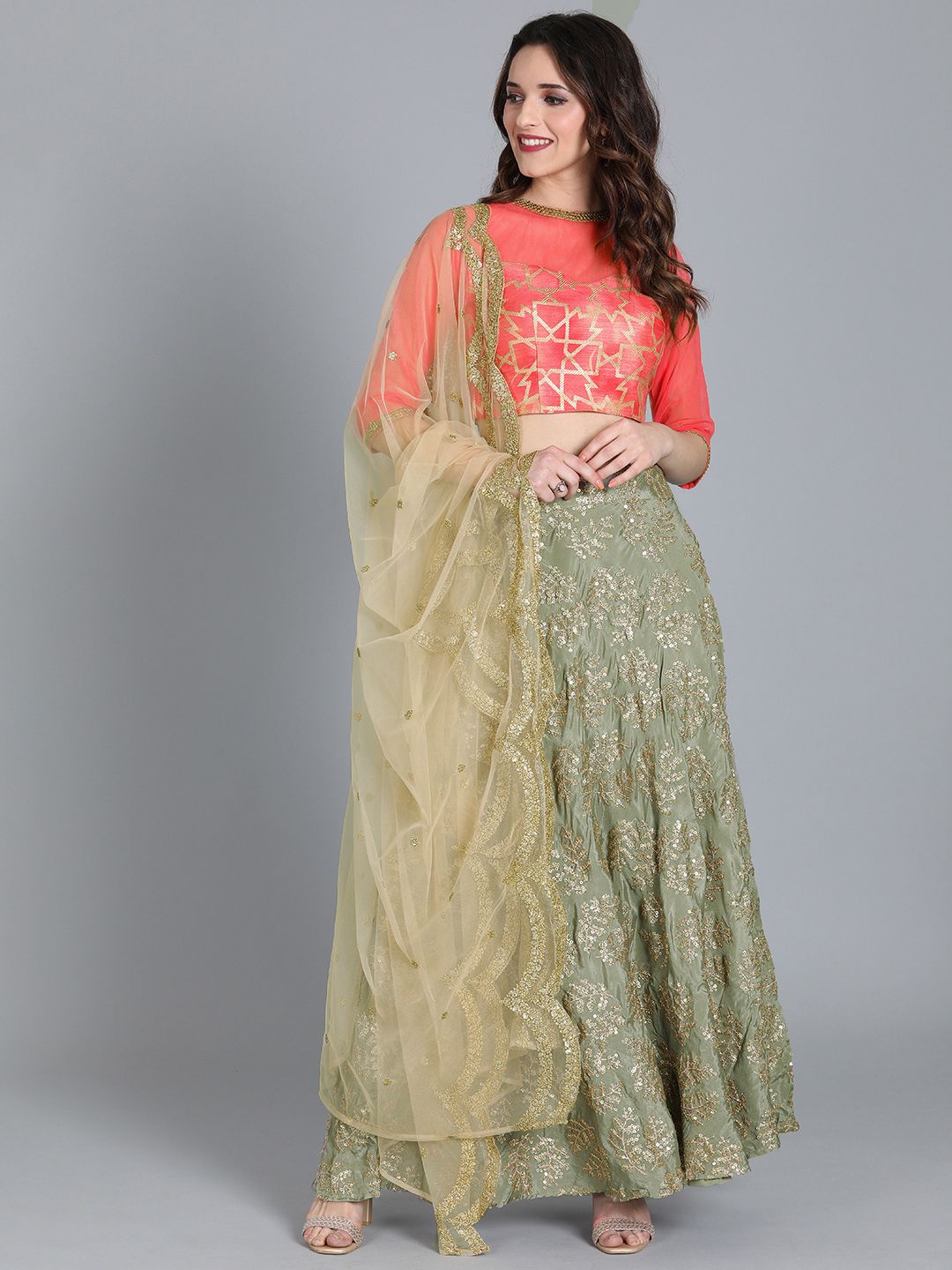 EthnoVogue Pink & Green Embellished Made to Measure Lehenga & Blouse with Dupatta Price in India