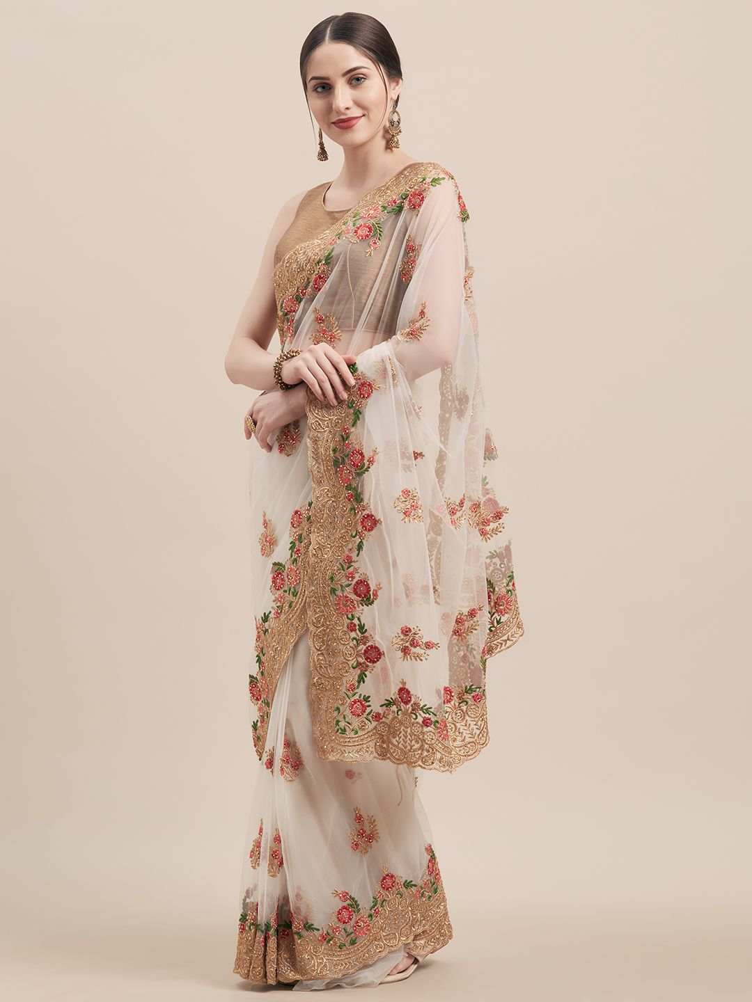 Tikhi Imli Off-White & Gold-Coloured Net Embroidered Saree