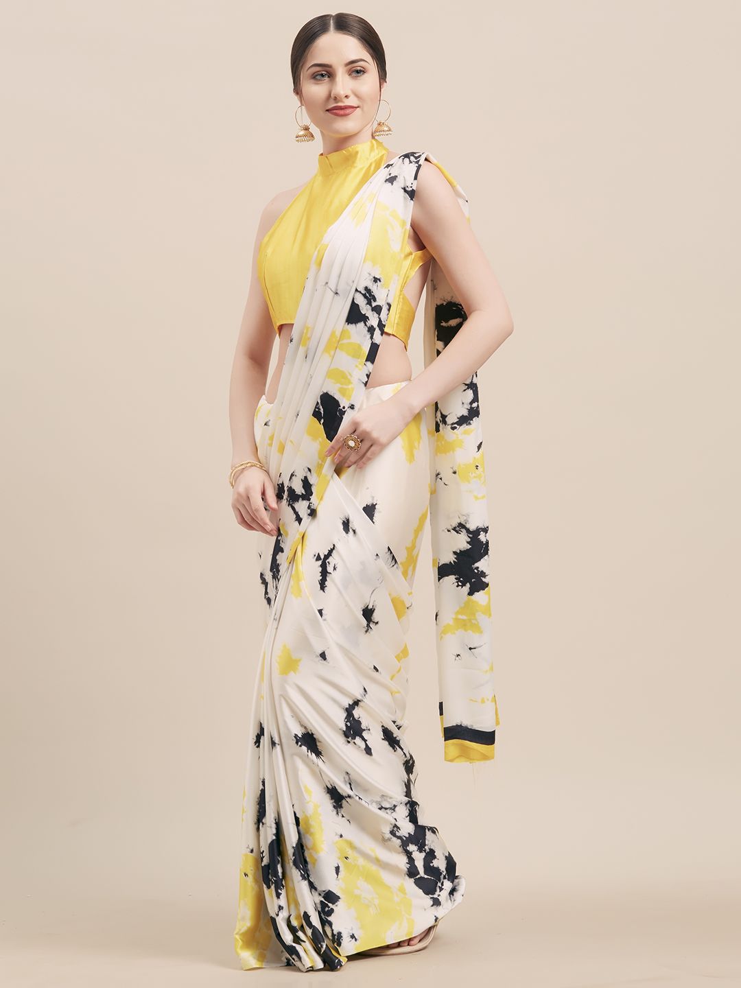 Tikhi Imli White & Yellow Satin Printed Saree Price in India