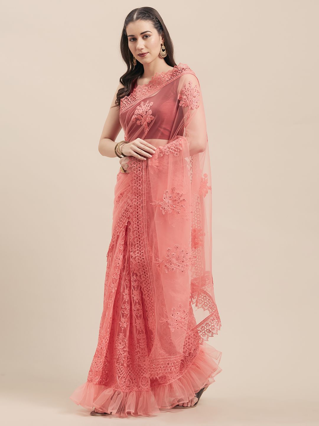 Tikhi Imli Pink Embroidered Net Saree