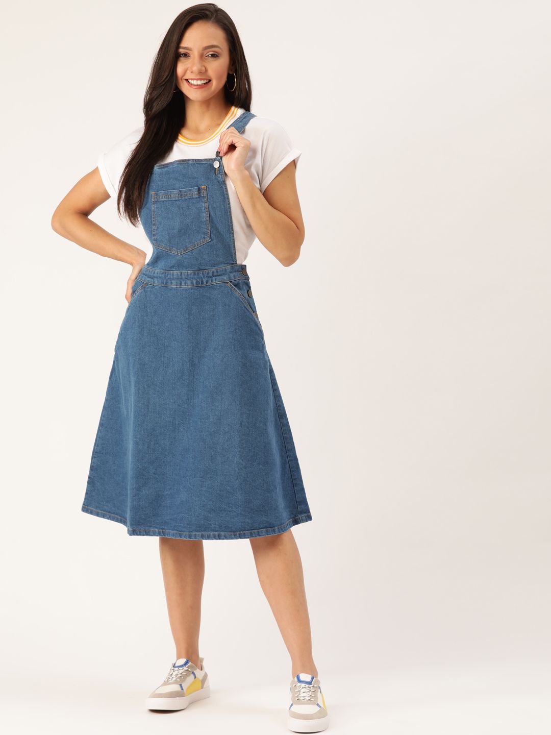 DressBerry Women Blue Solid Denim Pinafore Dress