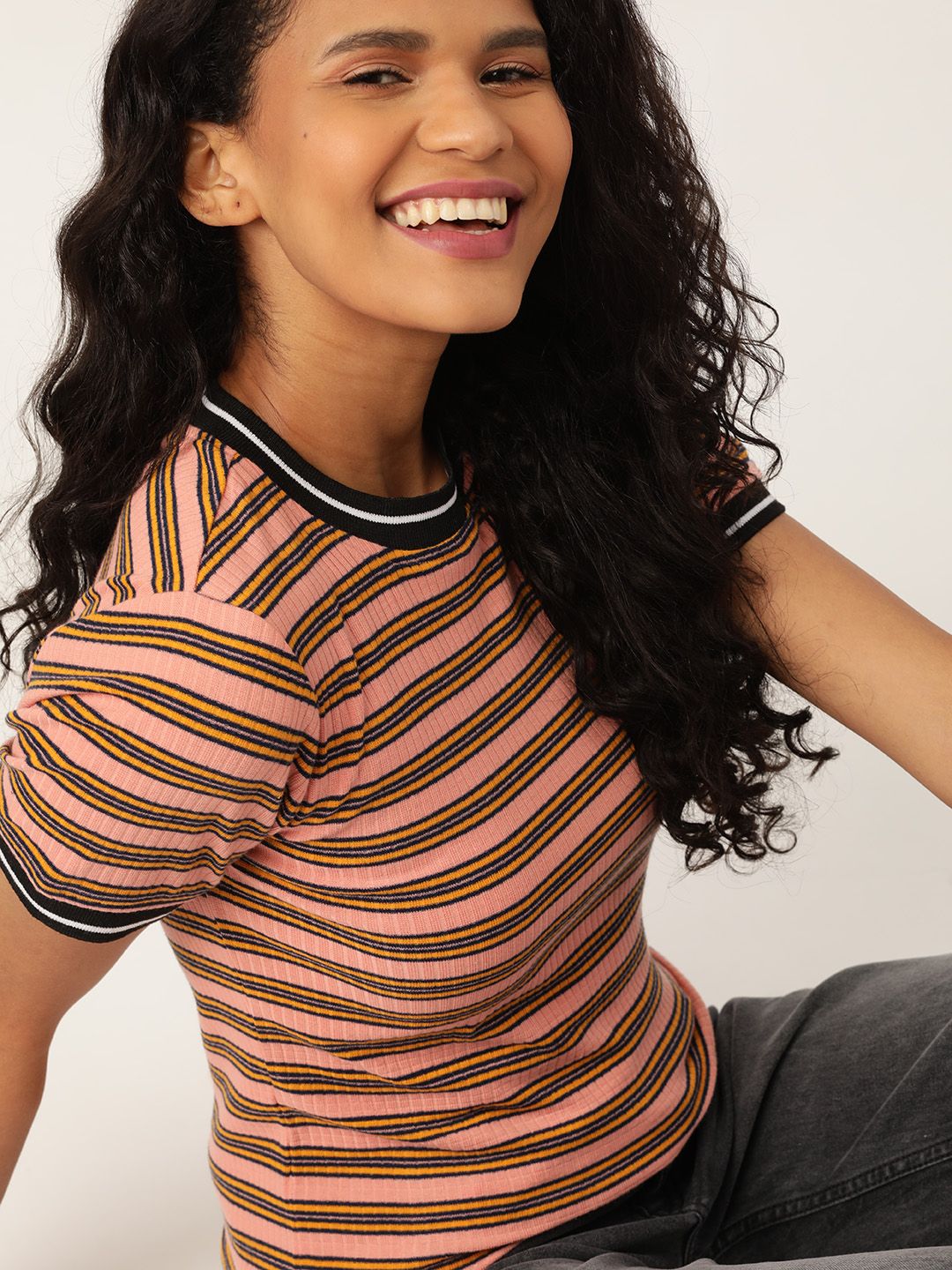 DressBerry Women Peach-Coloured & Mustard Yellow Striped Round Neck T-shirt