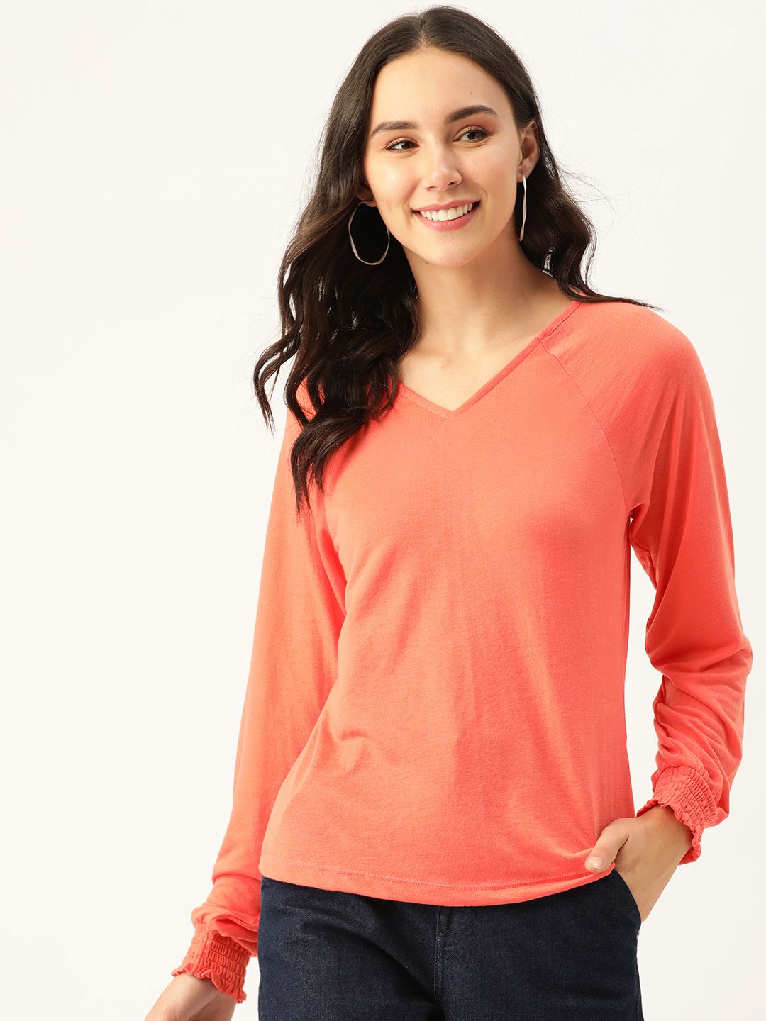 DressBerry Women Coral Orange Solid V-Neck T-shirt