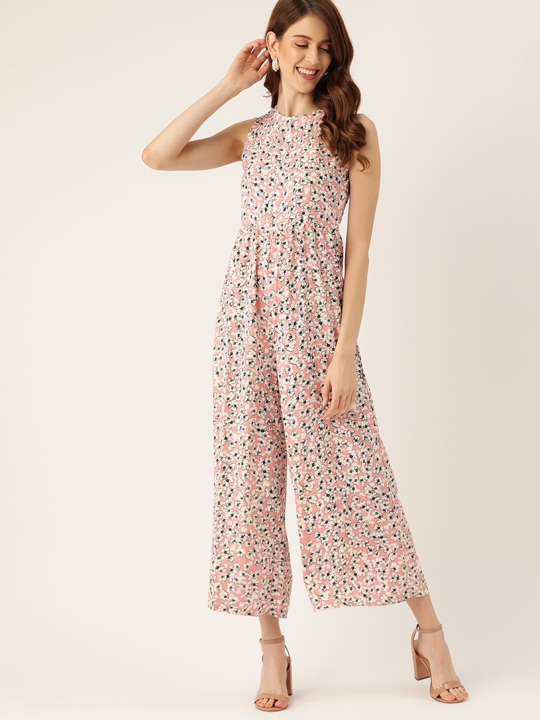 DressBerry Women Pink & White Floral Print Cut-Out Detail Basic Jumpsuit Price in India