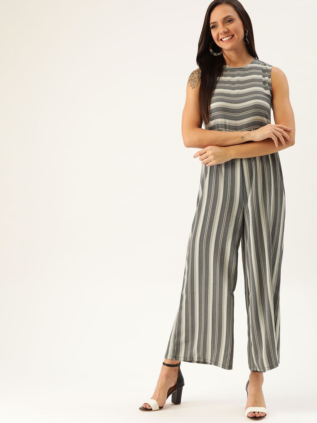 DressBerry Women Black & Off White Striped Basic Jumpsuit Price in India