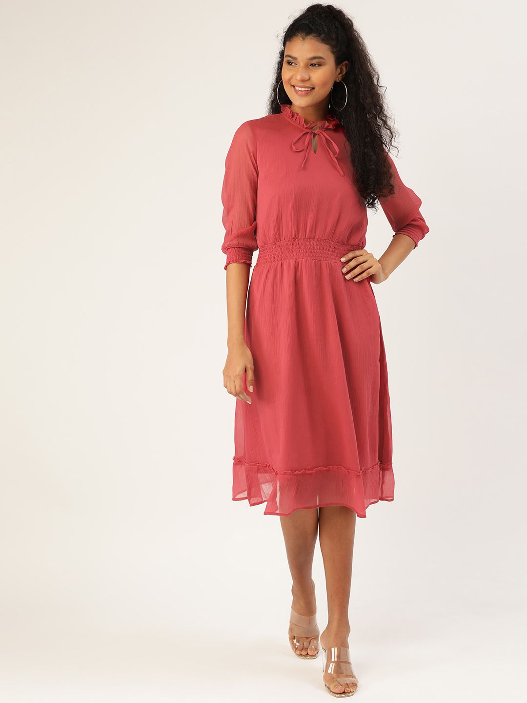 DressBerry Women Pink Solid Smocked A-Line Dress