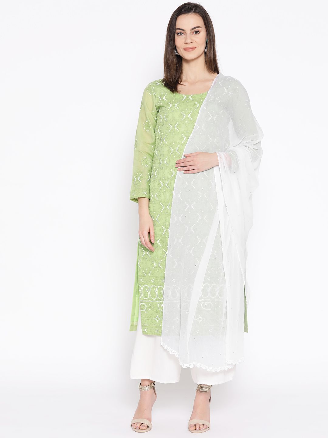 ADA White Solid Mukaish Work Sustainable Dupatta Price in India