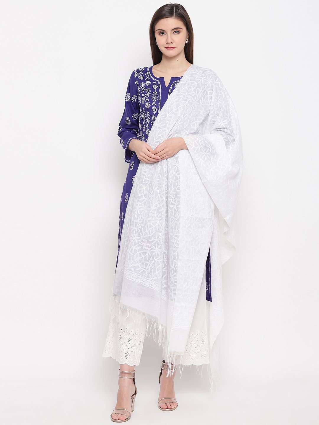 ADA White Chikankari Hand Embroidered Sustainable Dupatta Price in India