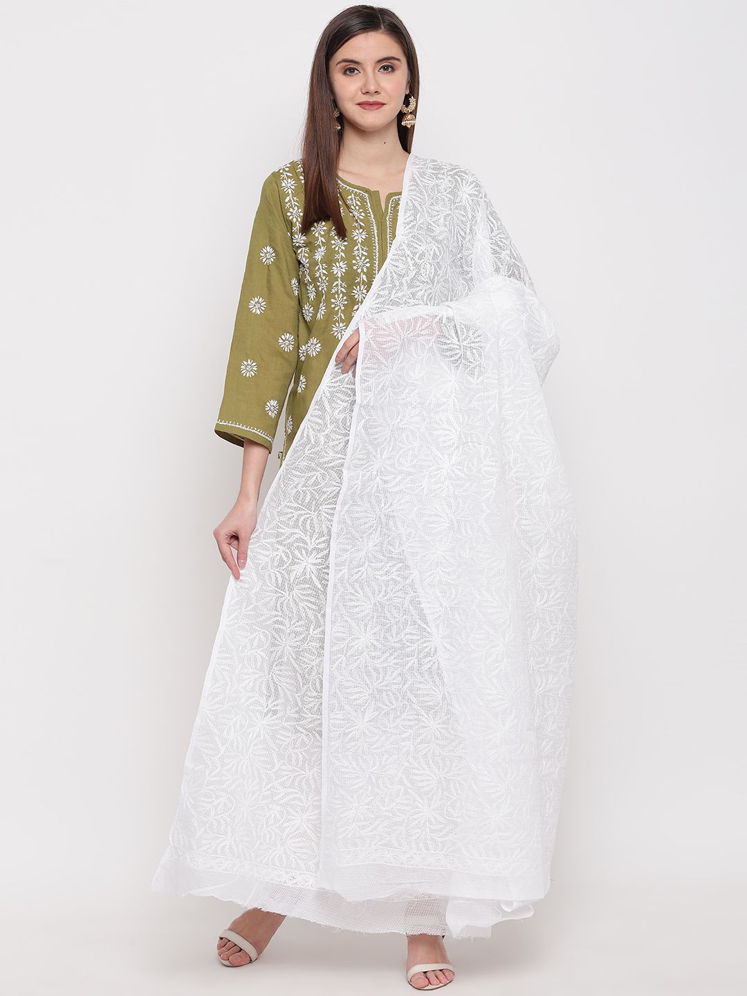 ADA White  Chikankari Hand Embroidered Kota Dupatta Price in India