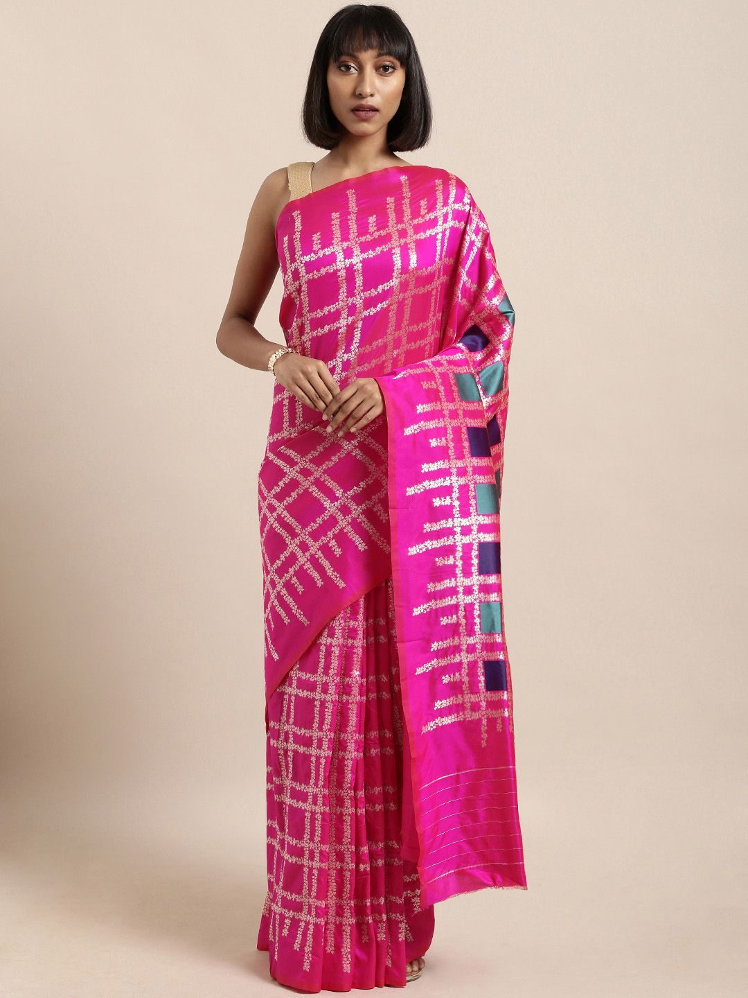 Mitera Pink Silk Blend Checked Kanjeevaram Saree Price in India