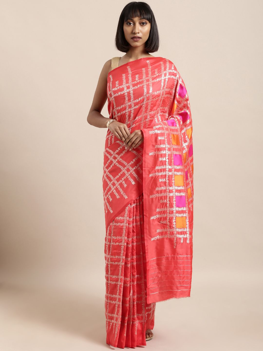 Mitera Peach-Coloured & White Silk Blend Checked Kanjeevaram Saree Price in India