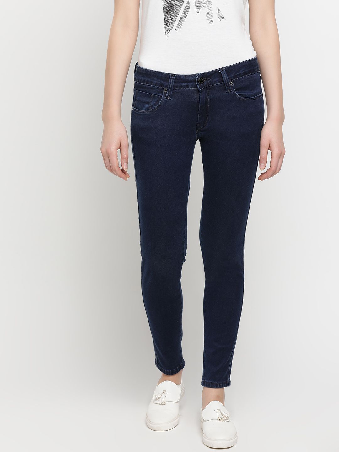 Pepe Jeans Women Navy Blue Slim Fit Mid-Rise Clean Look Stretchable Jeans Price in India