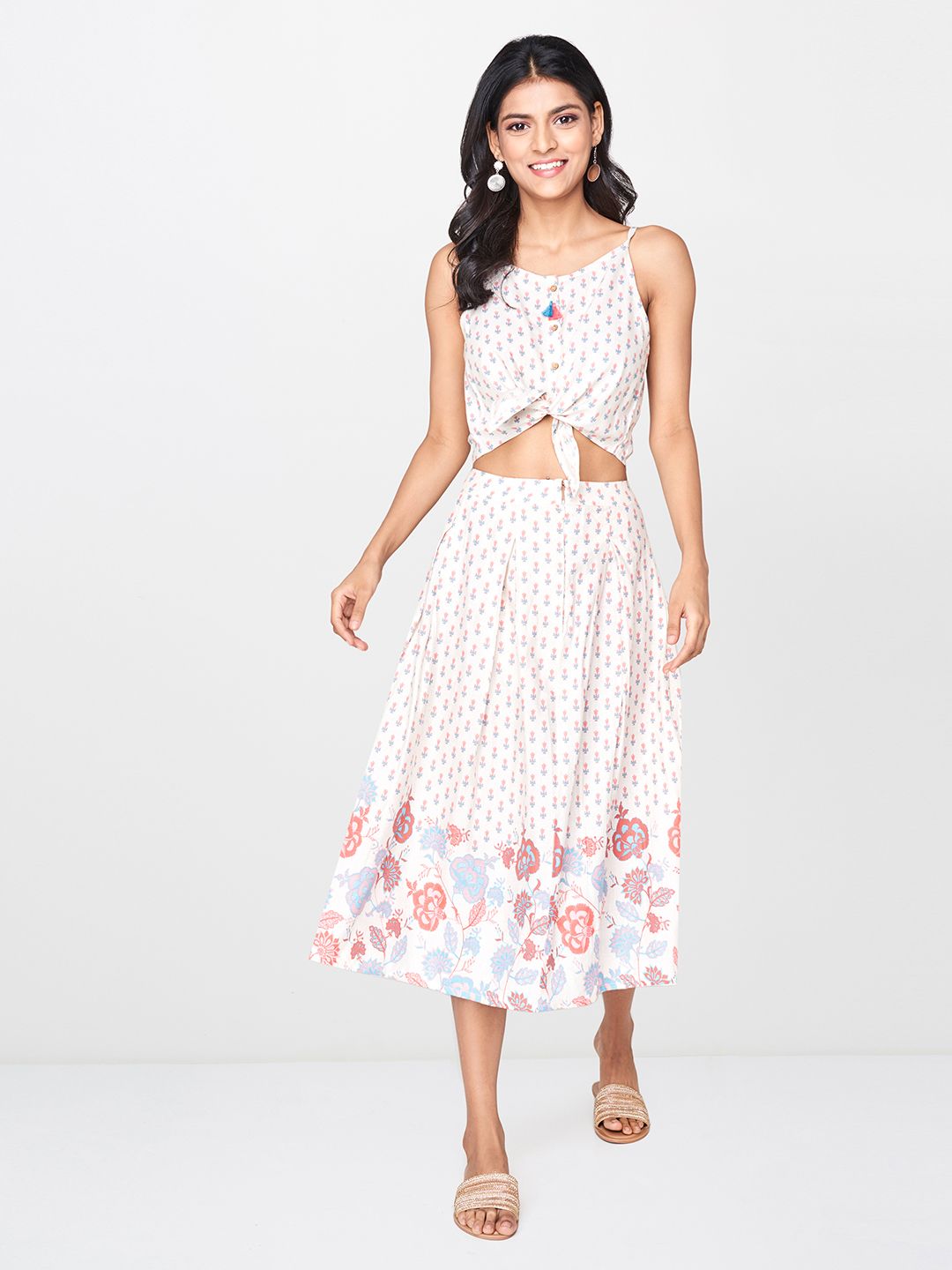 Global Desi Women Off-White & Red Printed Top with Skirt Price in India