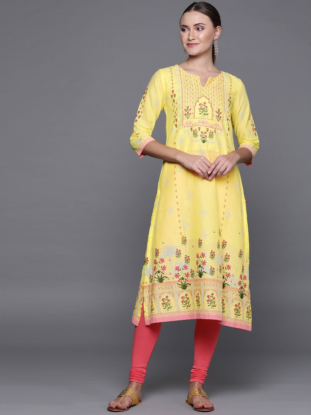 Biba Women Yellow & Red Printed Straight Kurta