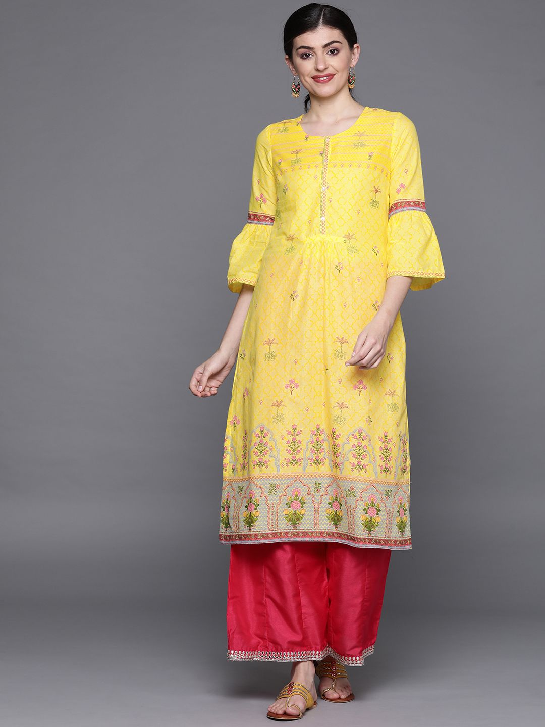 Biba Women Yellow & Pink Printed A-Line Kurta