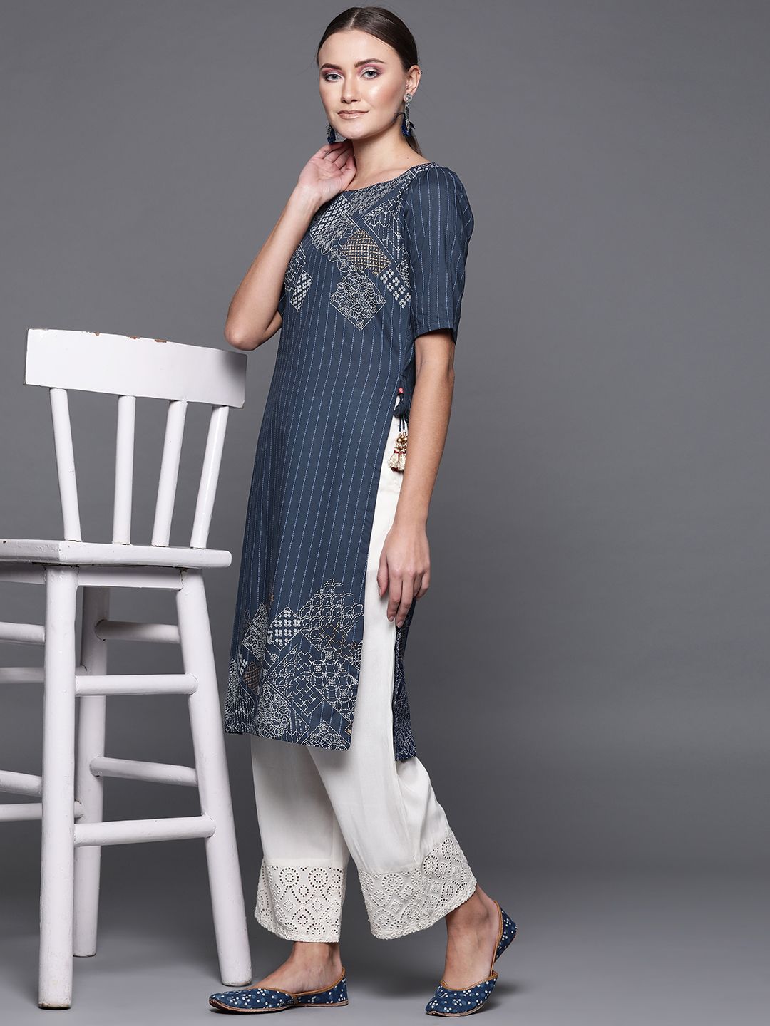 Biba Women Navy Blue & White Printed Straight Kurta