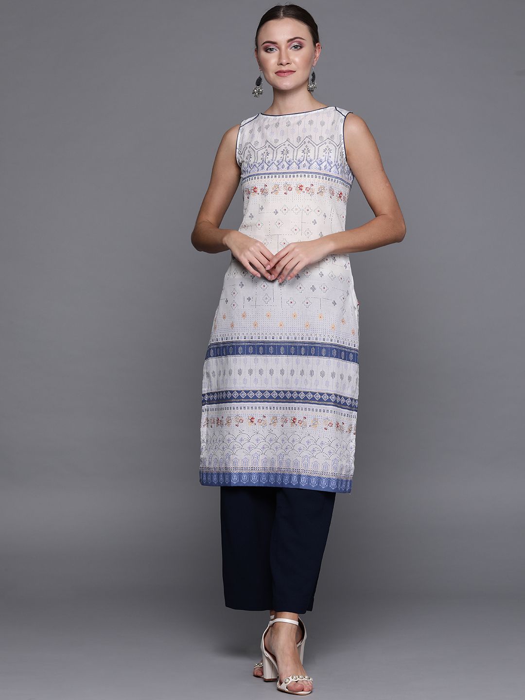 Biba Women White & Blue Printed Straight Kurta Price in India