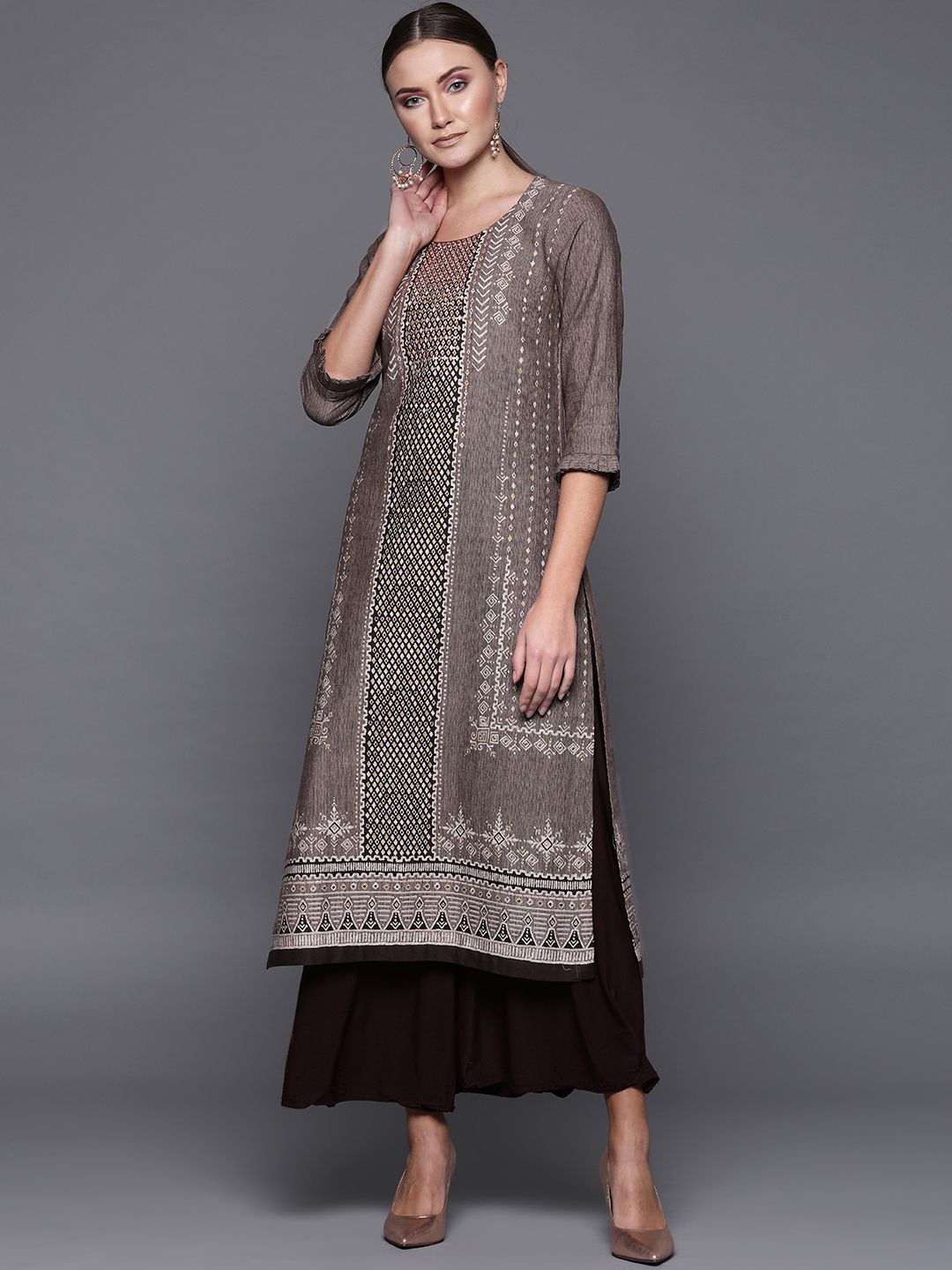 Biba Women Brown & Beige Printed Straight Kurta