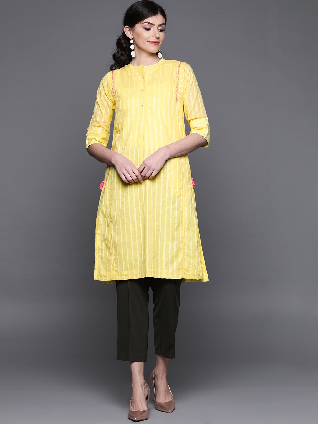 Biba Women Yellow Striped Straight Kurta Price in India