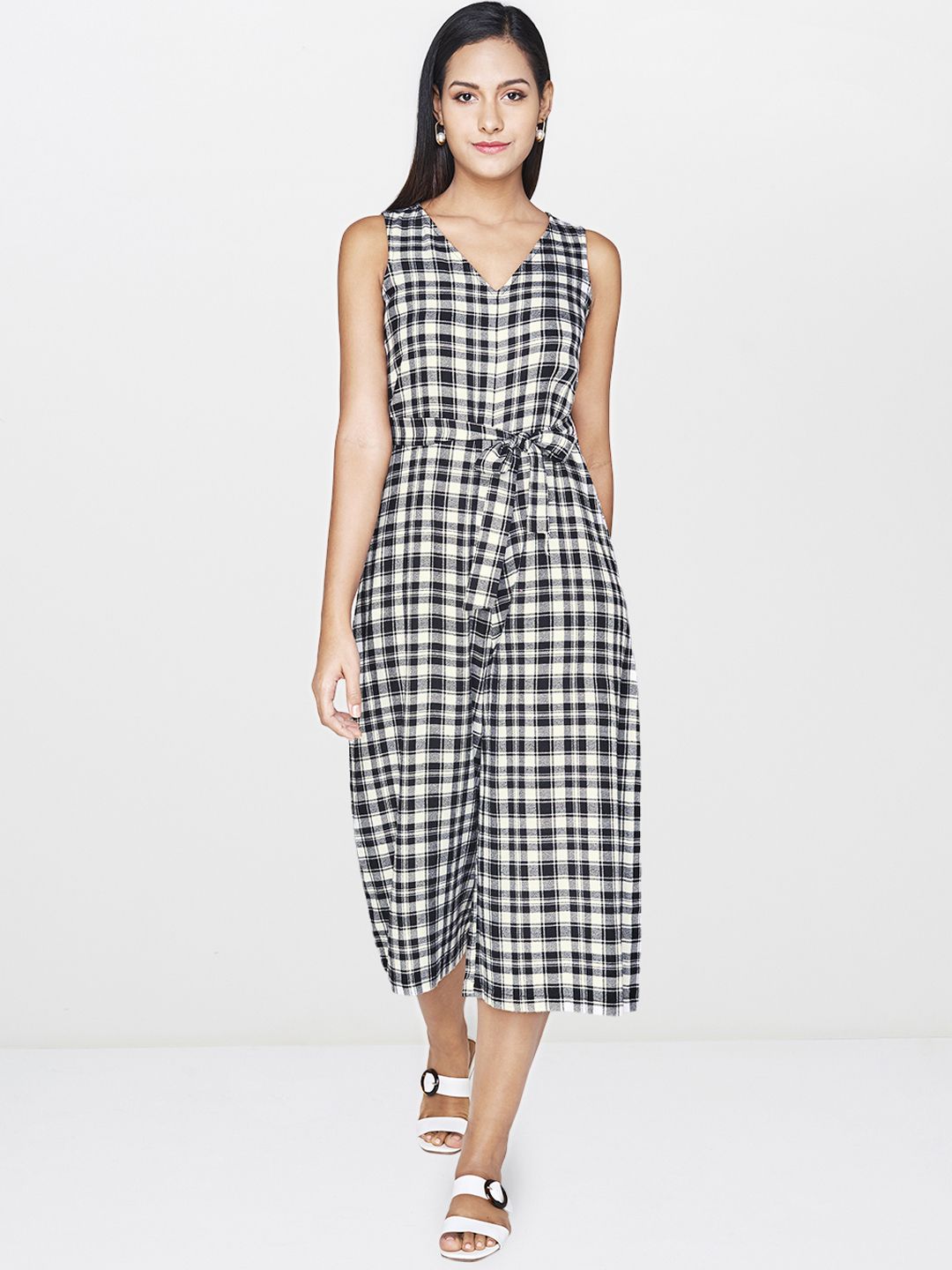 AND Women Black & White Checked Culotte Jumpsuit with Waist Tie-Up Detailing Price in India