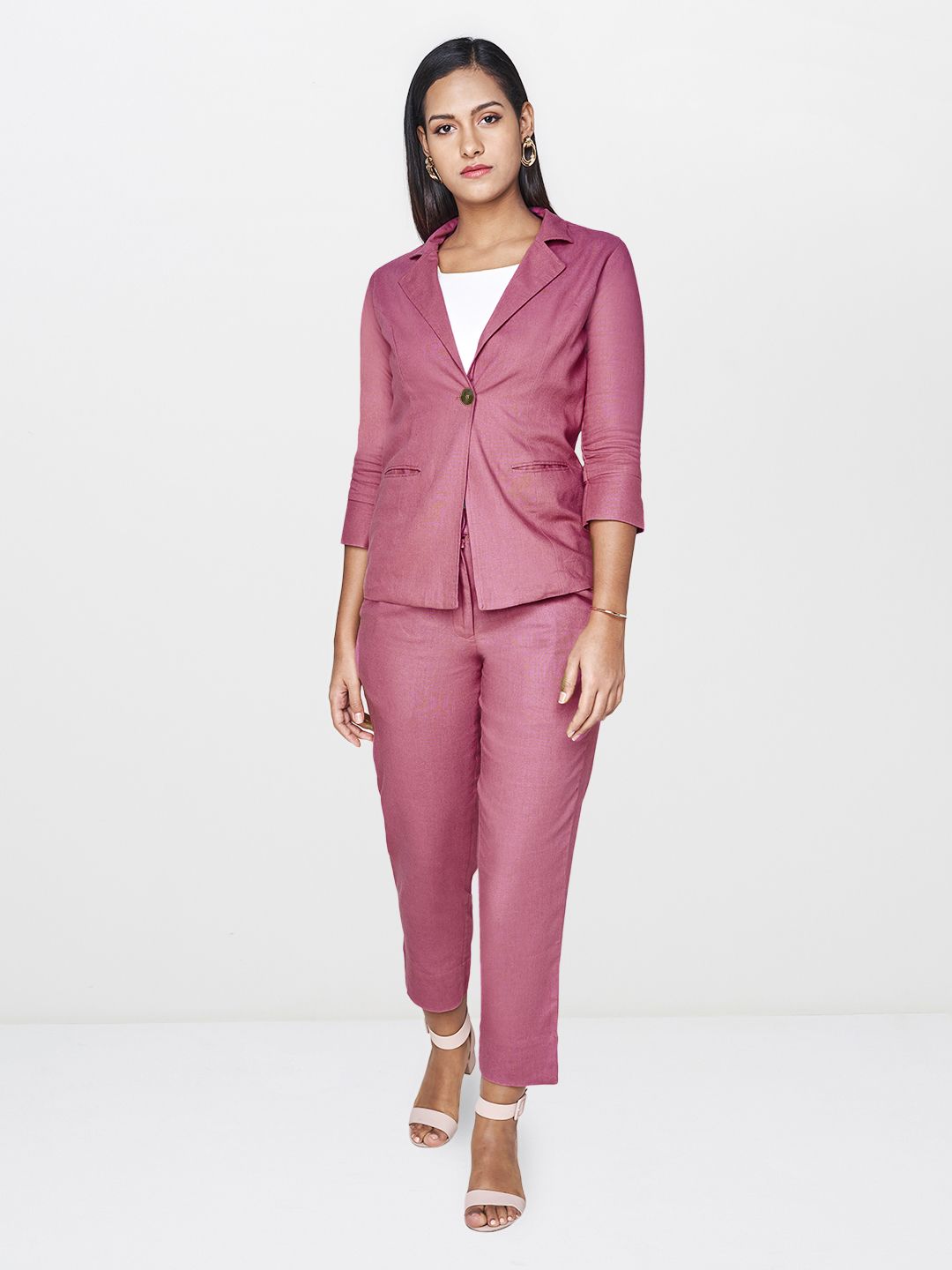 AND Women Pink Solid Light Weight Tailored Fit Single-Breasted Casual Linen Blazer Price in India