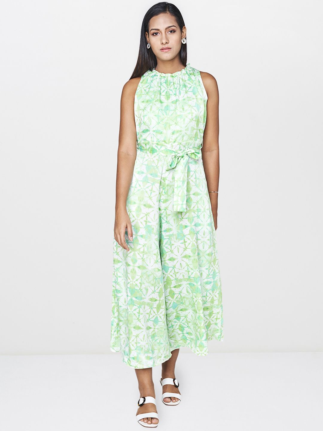 AND Women Green & White Printed Basic Jumpsuit with Waist Tie-Up Detailing Price in India