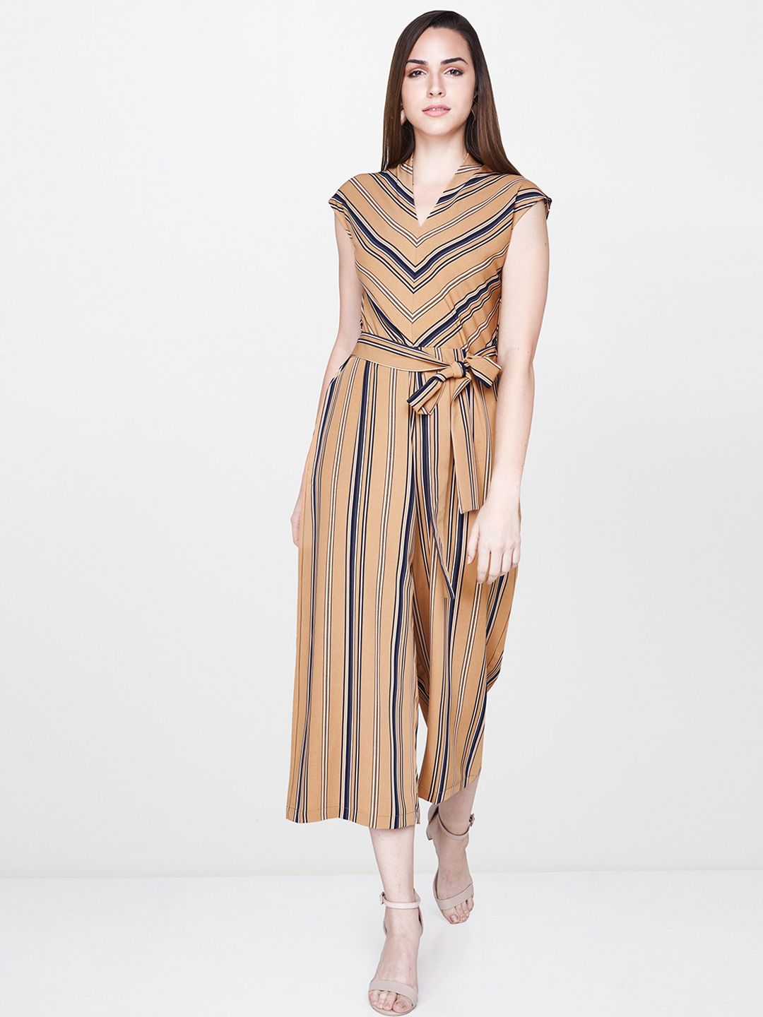 AND Women Brown & Navy Blue Striped Culotte Jumpsuit with Waist Tie-Up Detailing Price in India