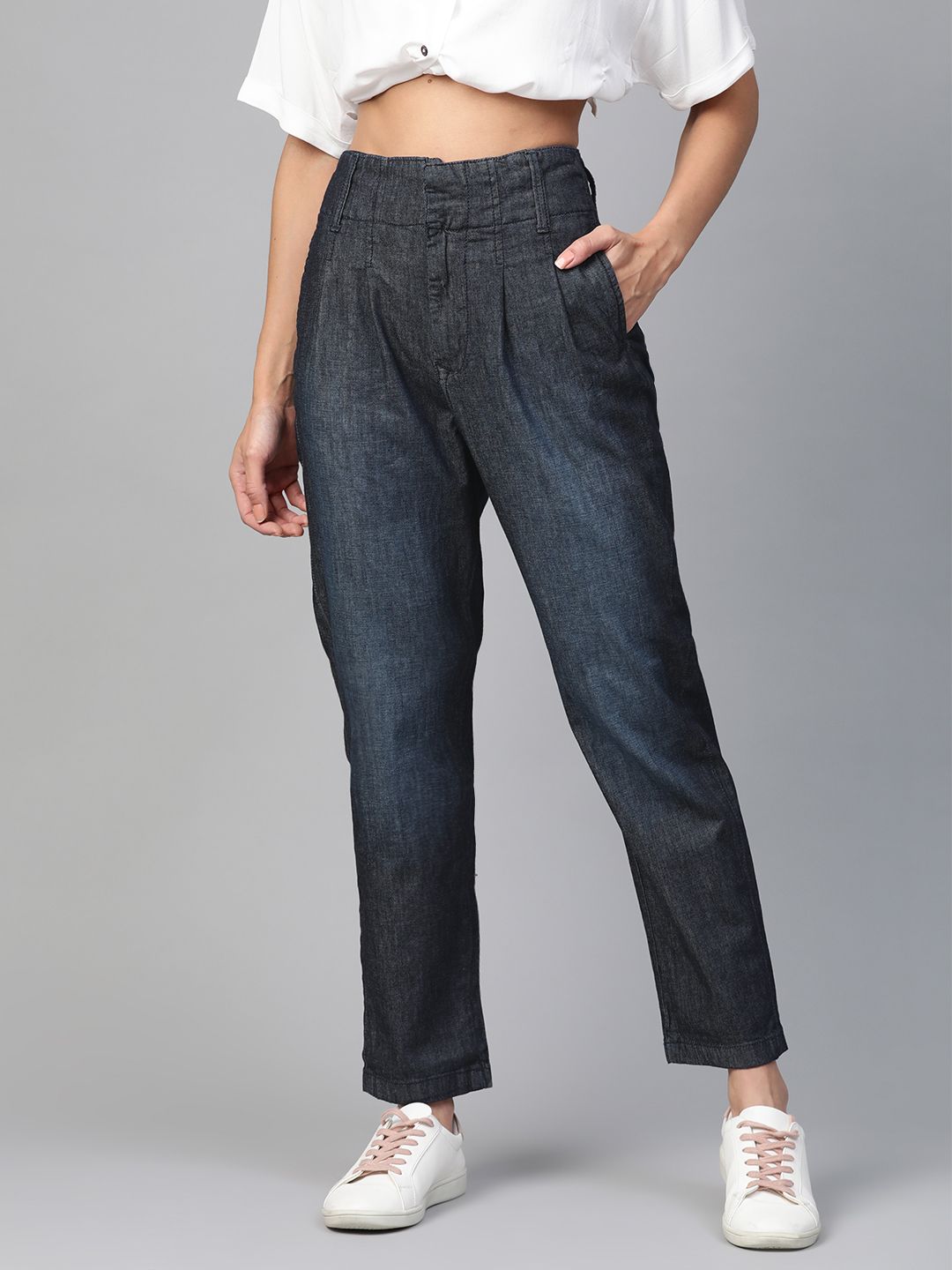 Mast & Harbour Women Blue Regular Fit Faded Chambray Regular Trousers