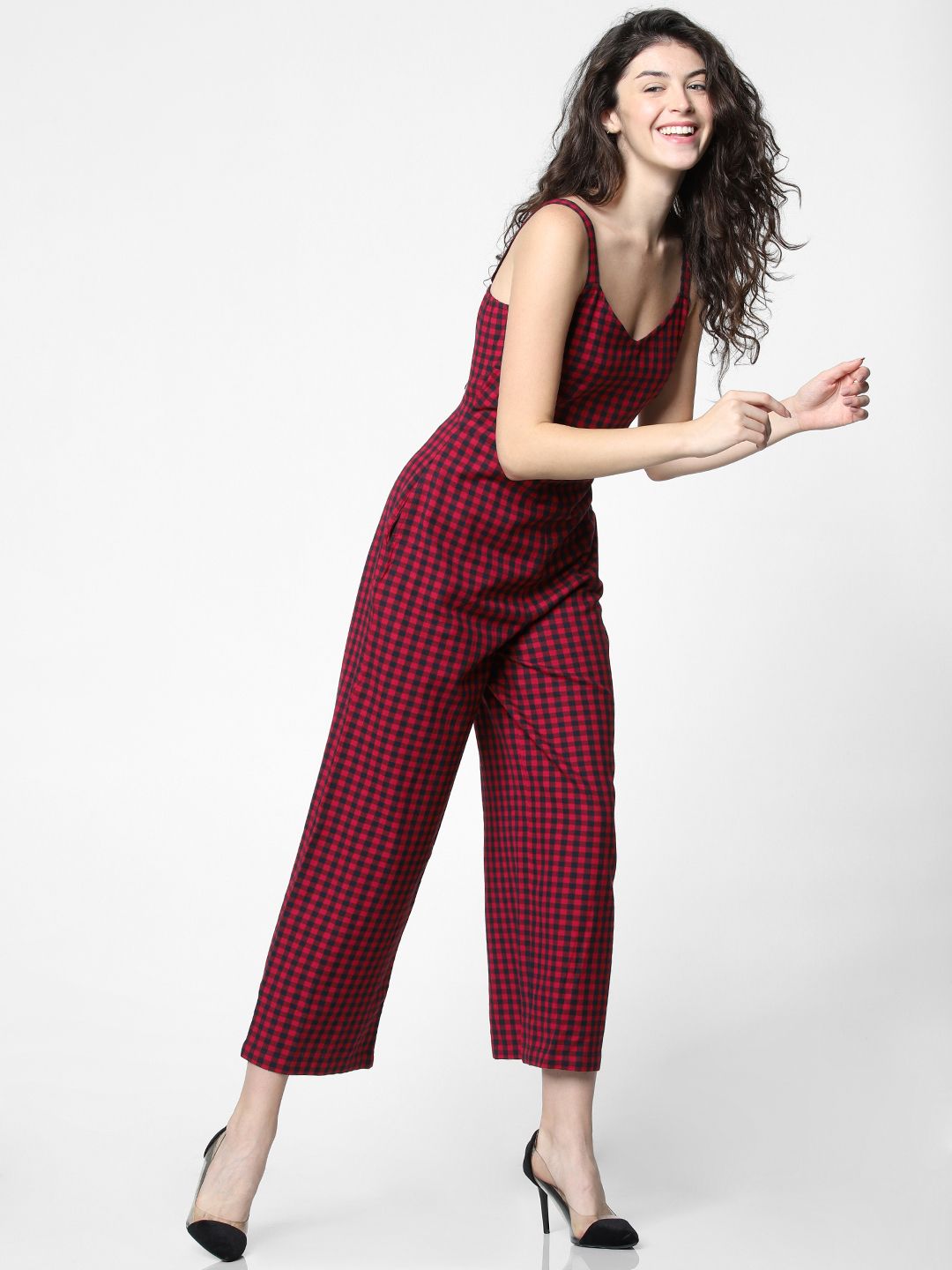 ONLY Women Red & Navy Blue Checked Basic Jumpsuit Price in India