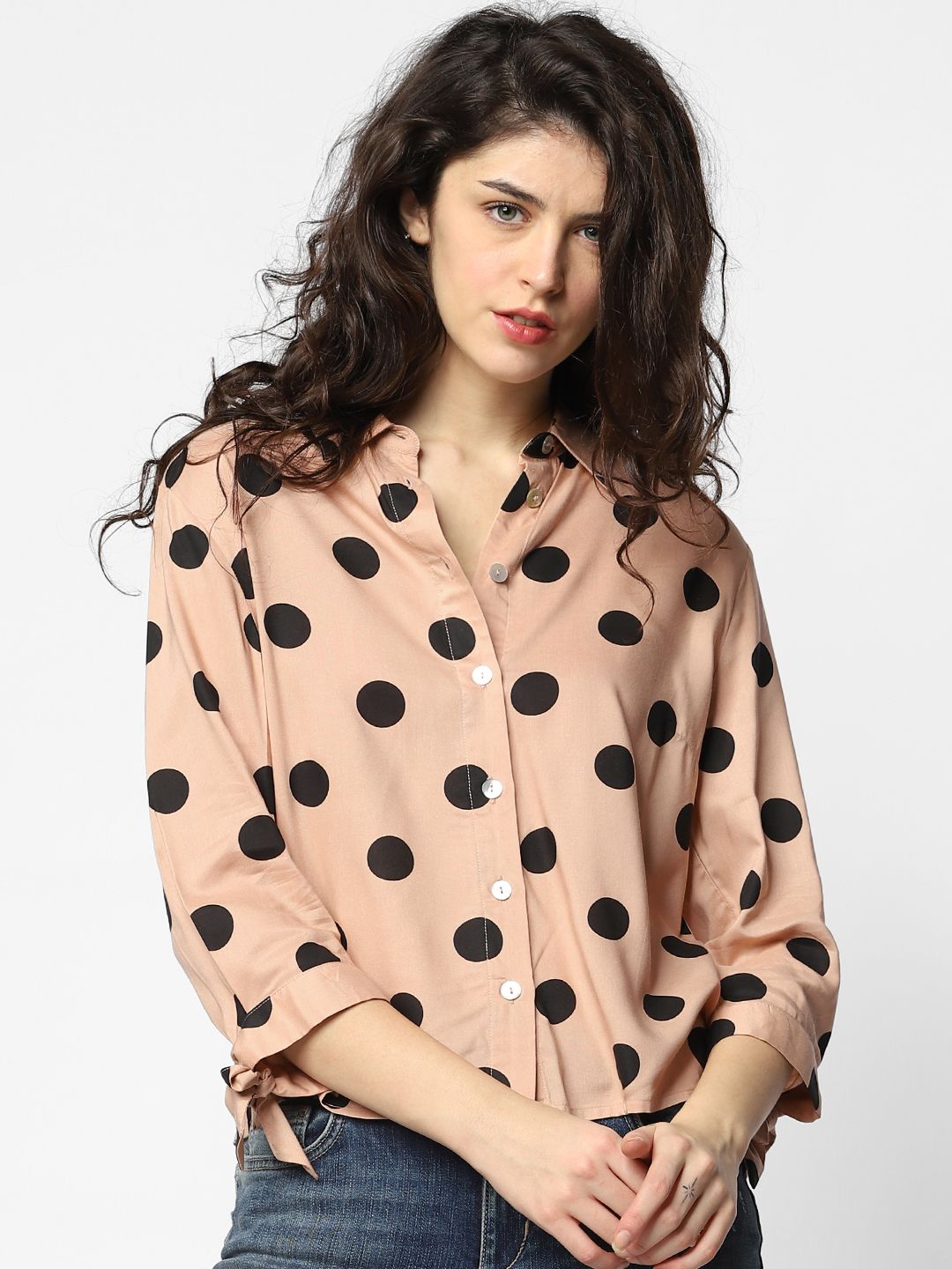 ONLY Women Brown & Black Regular Fit Polka Dot Printed Casual Shirt