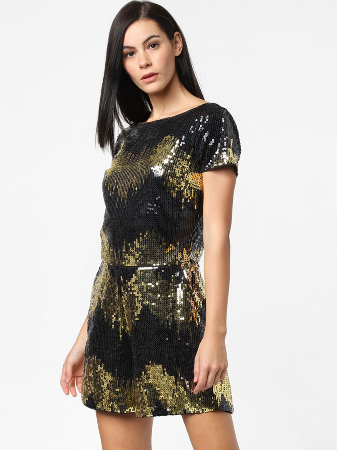 ONLY Women Black & Gold-Toned Embellished Playsuit Price in India