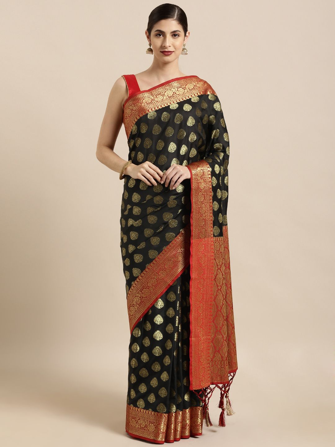 Mitera Black & Red Silk Blend Woven Design Banarasi Saree Price in India