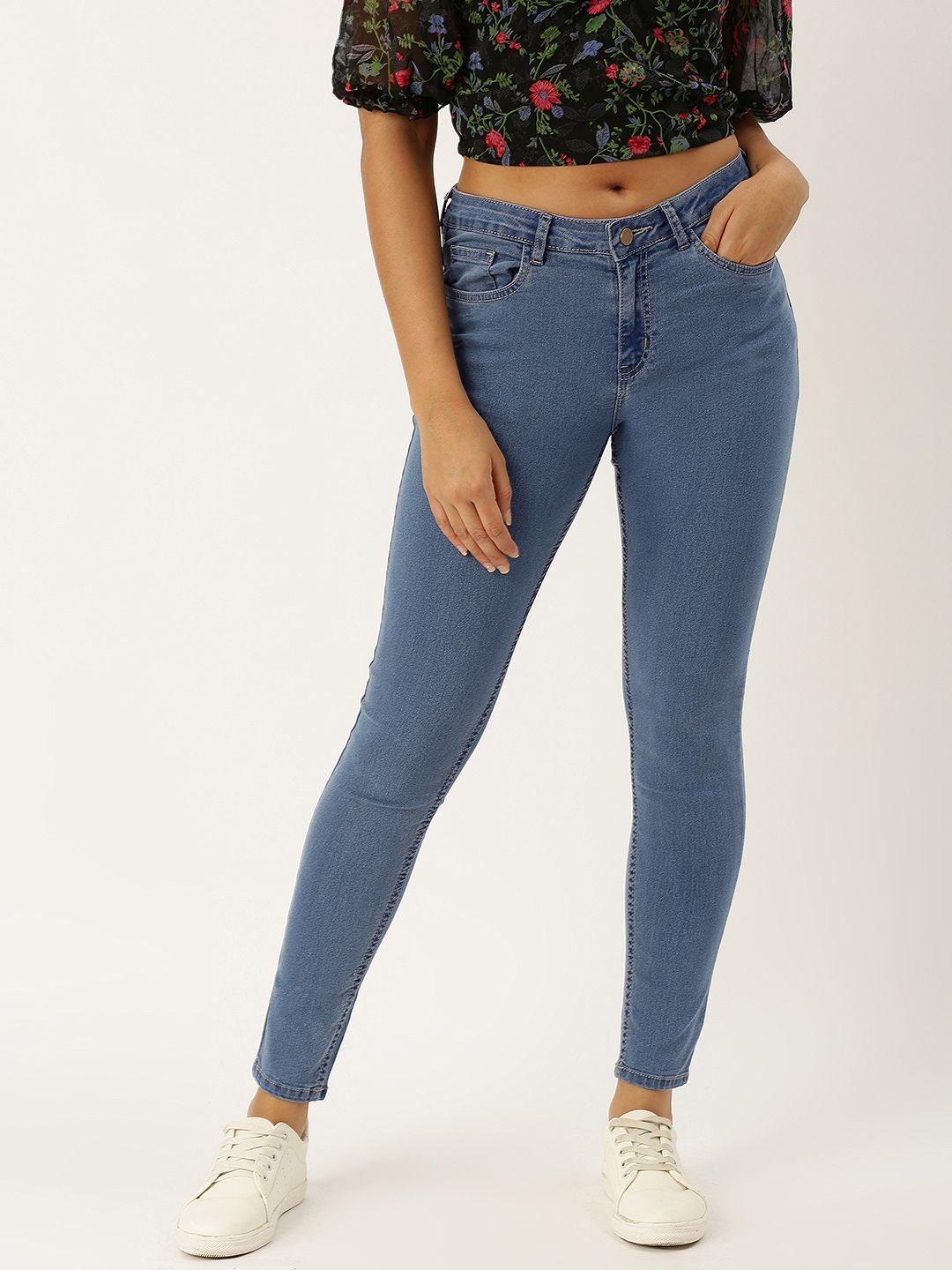 DressBerry Women Blue Skinny Fit Mid-Rise Clean Look Stretchable Cropped Jeans Price in India