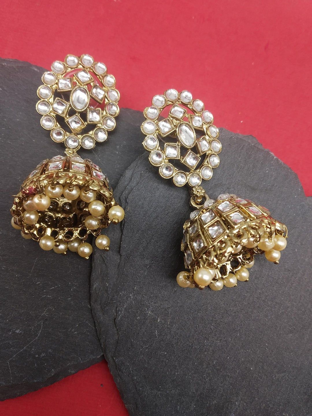 Fida Gold-Toned Kundan Studded Dome Shaped Jhumkas Price in India