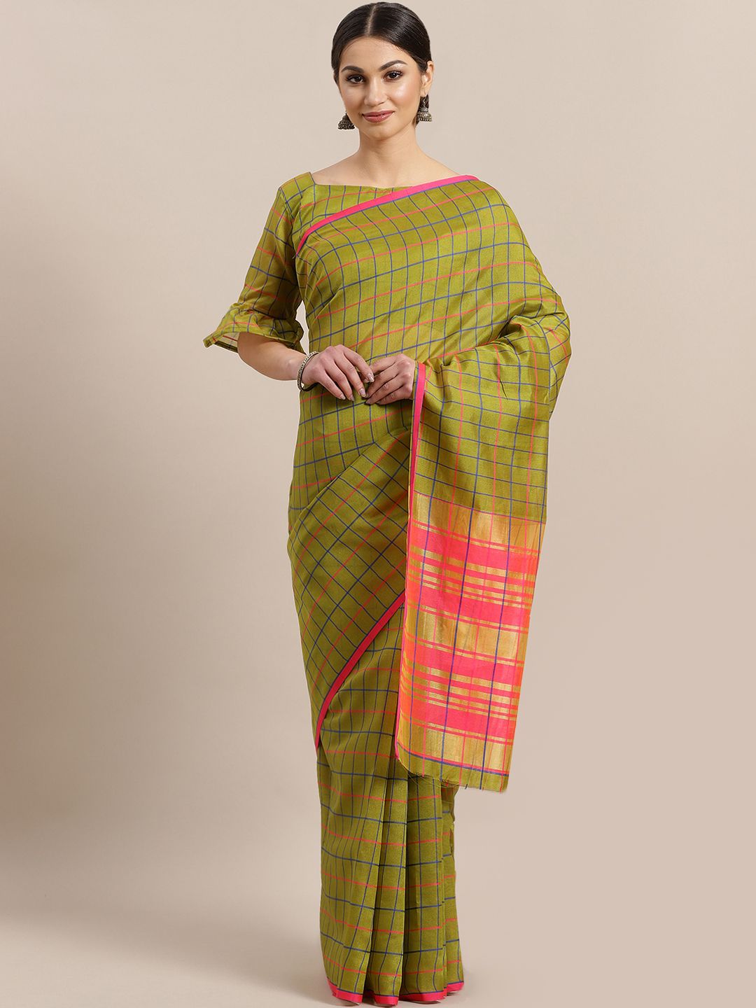 Saree mall Green & Pink Checked Saree Price in India