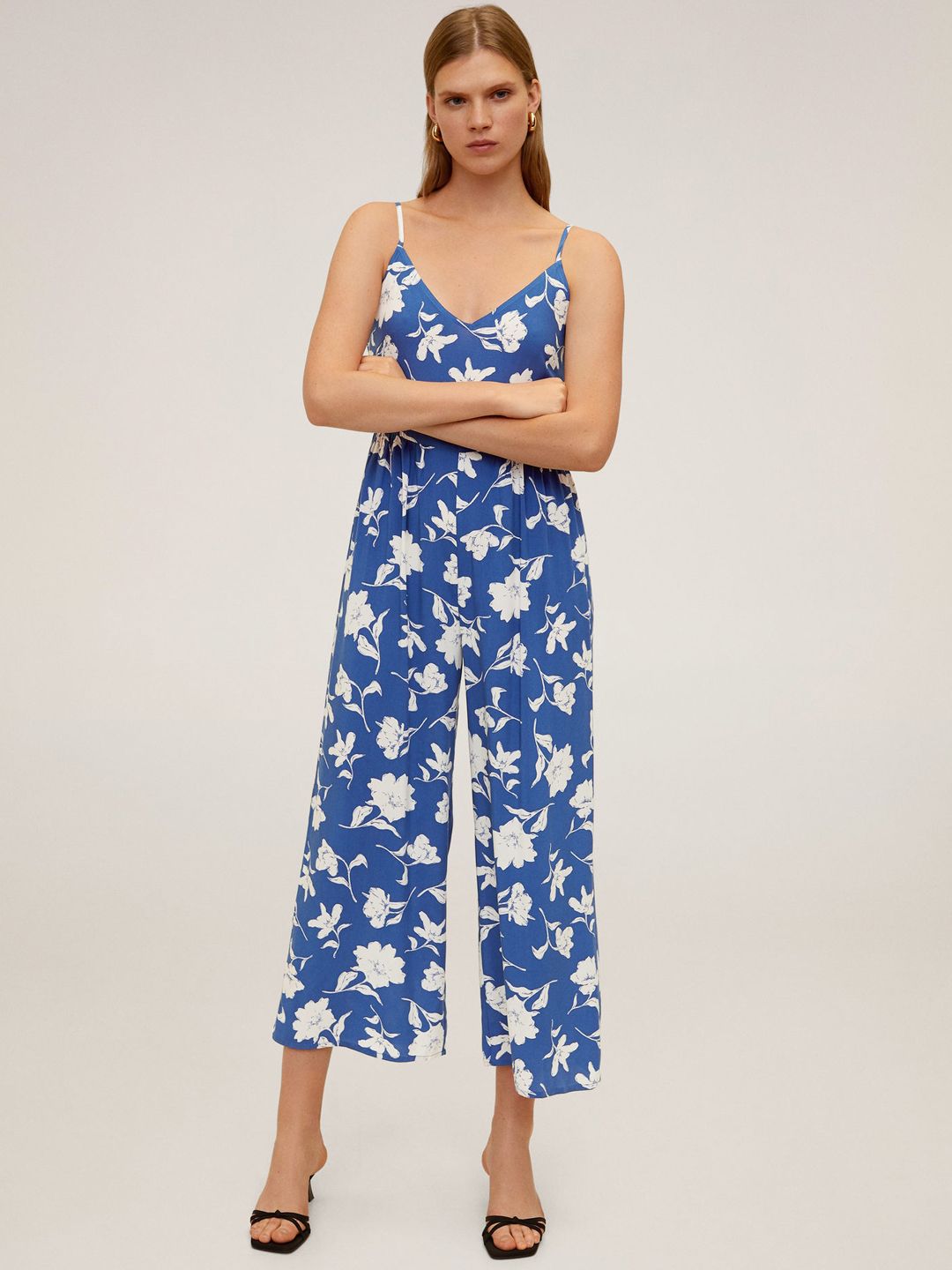MANGO Women Blue & White Floral Print Cropped Basic Jumpsuit Price in India