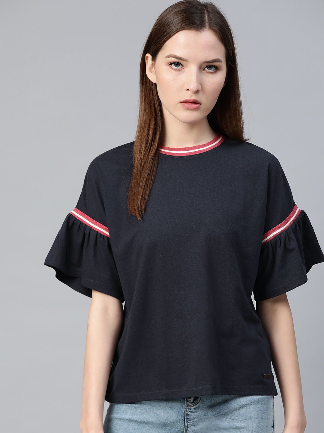 Roadster Women Navy Blue Solid Bell Sleeves Top