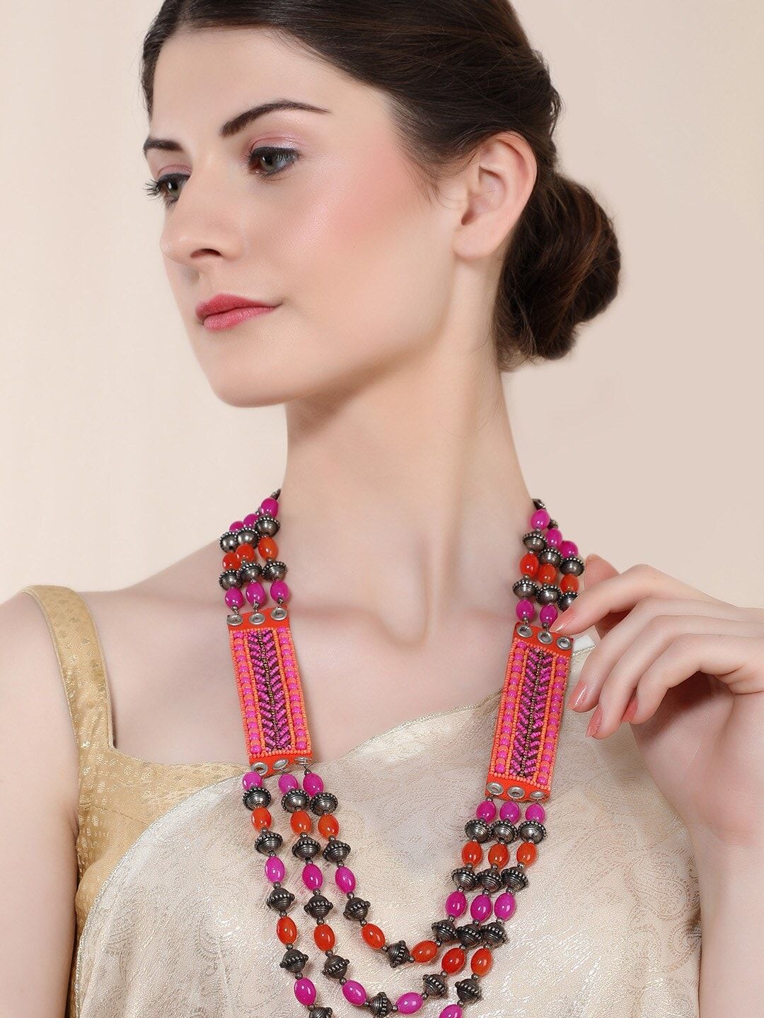 Rubans Pink & Green Silver-Plated Layered Necklace Price in India