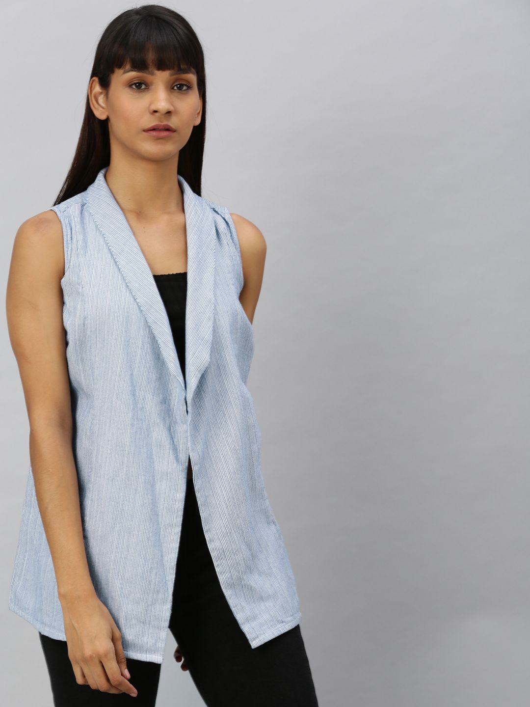 Vero Moda Women Blue & White Self-Striped Tailored Jacket Price in India