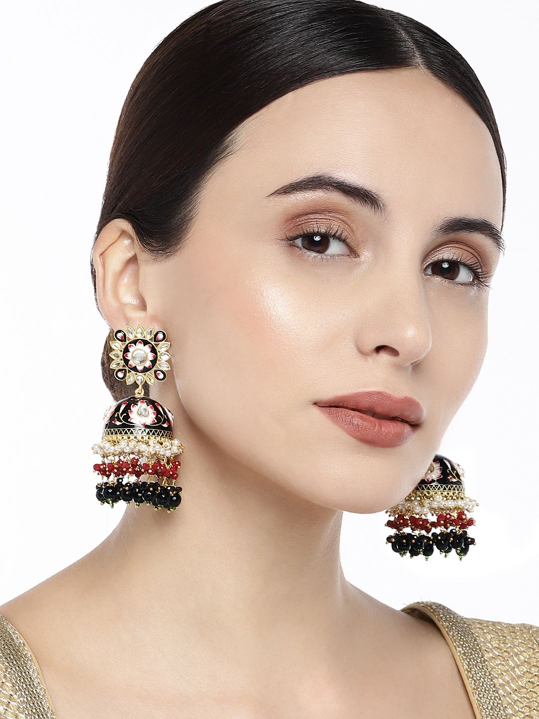 Peora Black & Gold-Plated Dome Shaped Jhumkas Price in India
