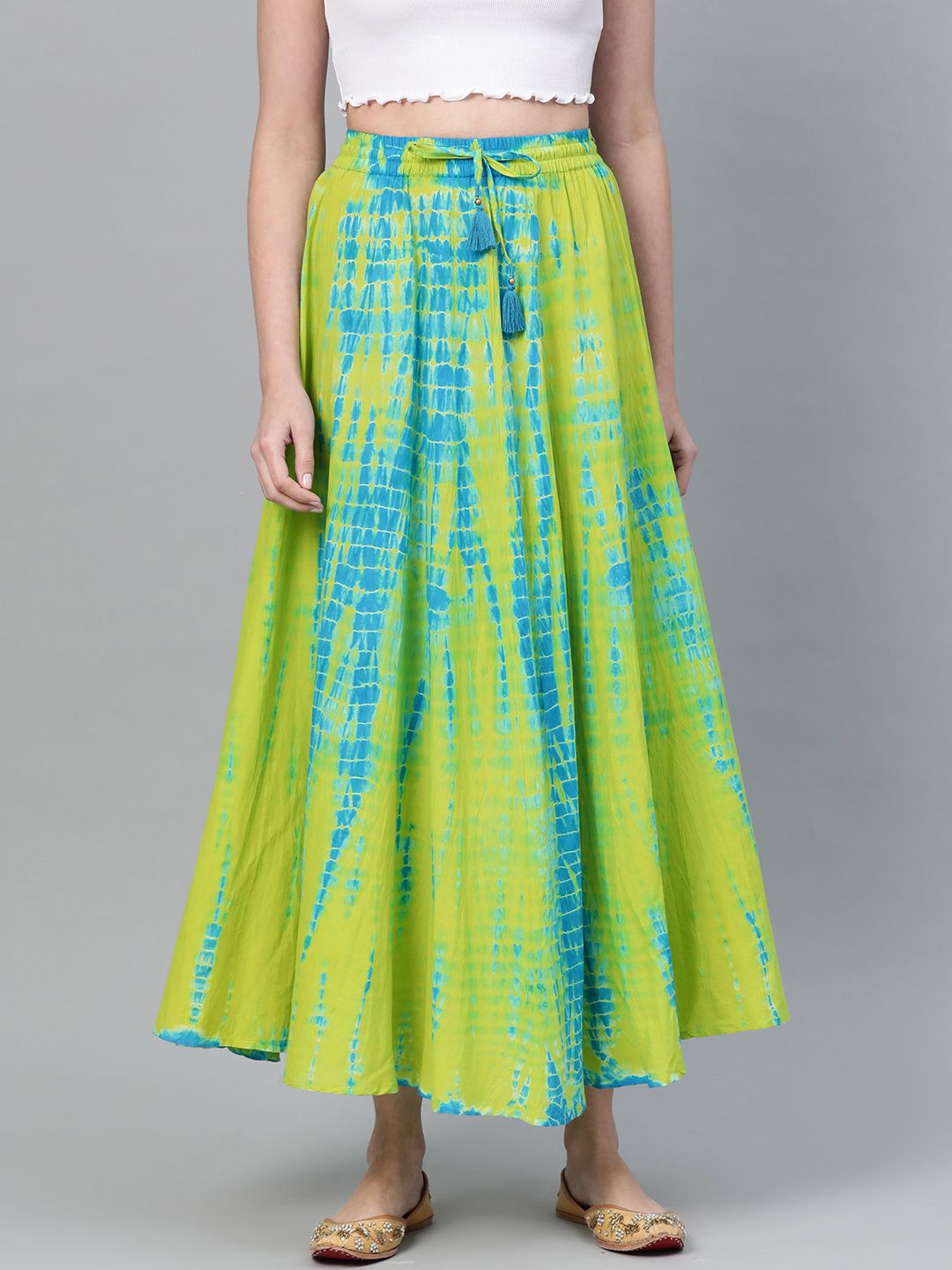 Varanga Women Lime Green & Blue Dyed Flared Maxi Skirt