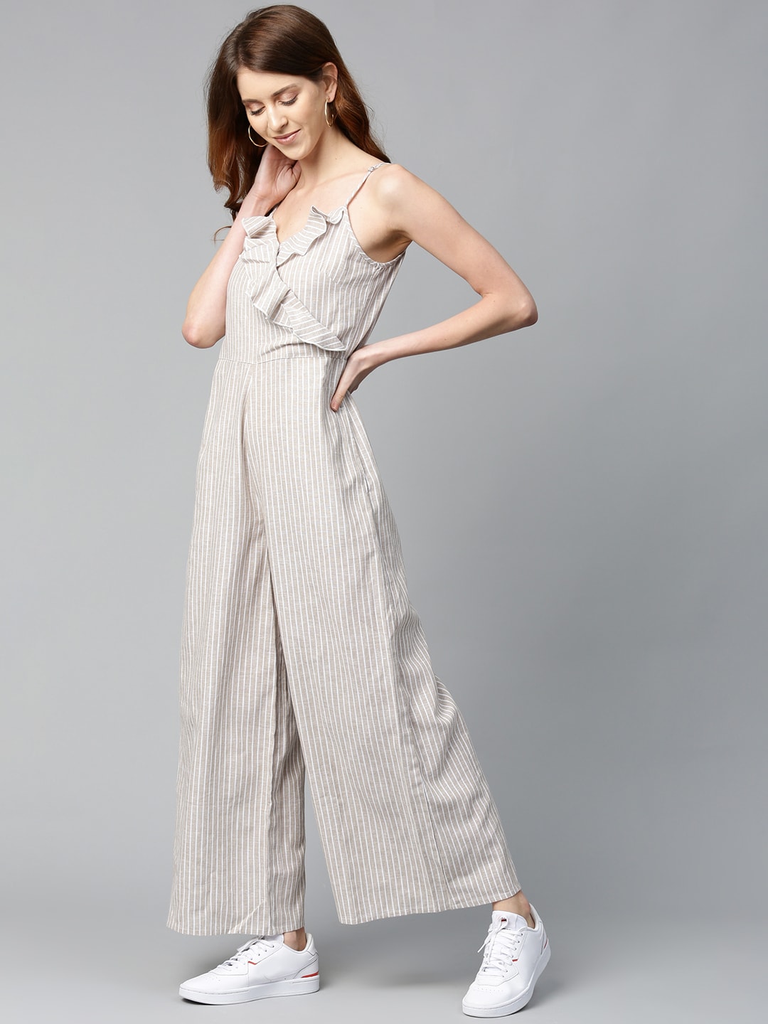 Mast & Harbour Women Taupe & White Striped Basic Jumpsuit Price in India