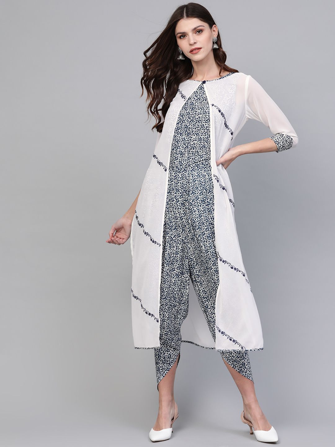Pannkh Women White & Navy Blue Printed Basic Jumpsuit With Shrug Price in India