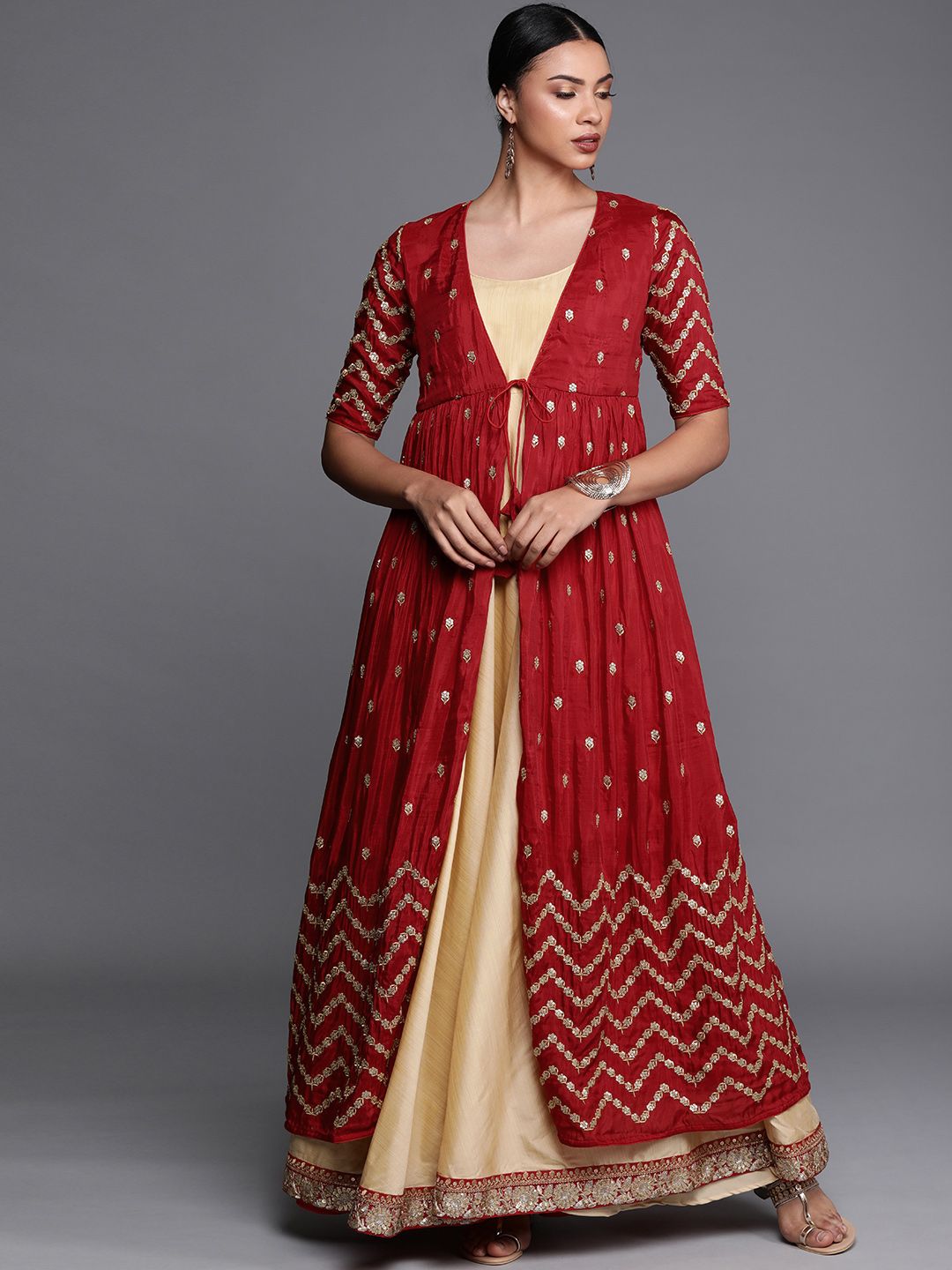 EthnoVogue Women Beige & Red Solid Made To Measure Maxi Dress with Jacket Price in India